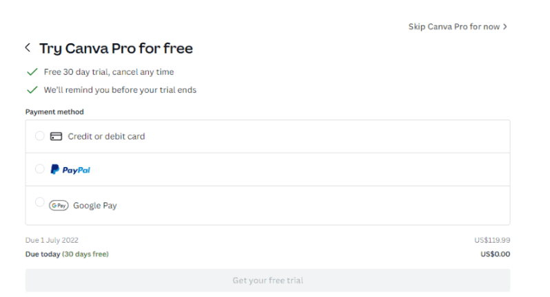   Canva Free Trial-Payment detail