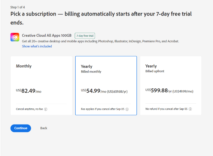 Adobe pricing page