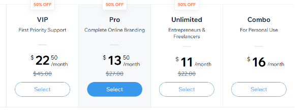 Wix Pricing page