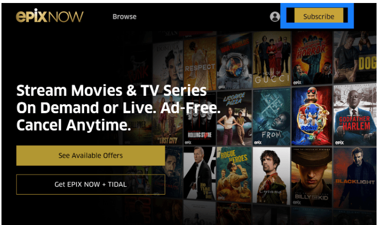 Epix Free Trial- Find the subscribe Option