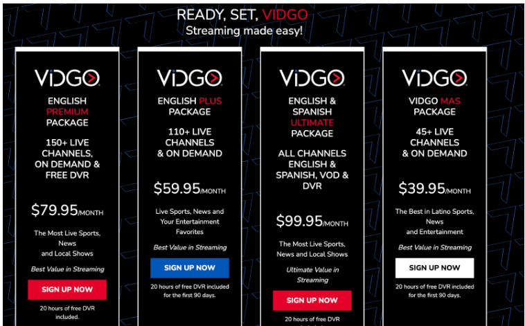 Vidgo Free Trial -Pricing Page 