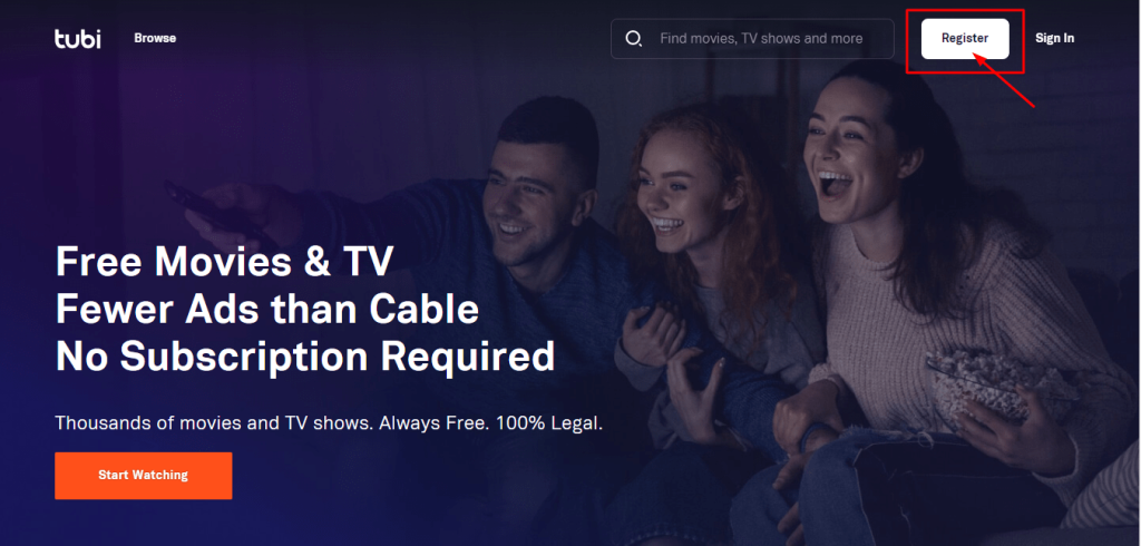 TubiTV register at the top of the page